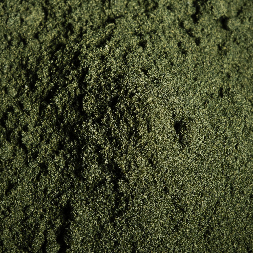Image of green herbal bath soak in powder form before adding to the bath. 